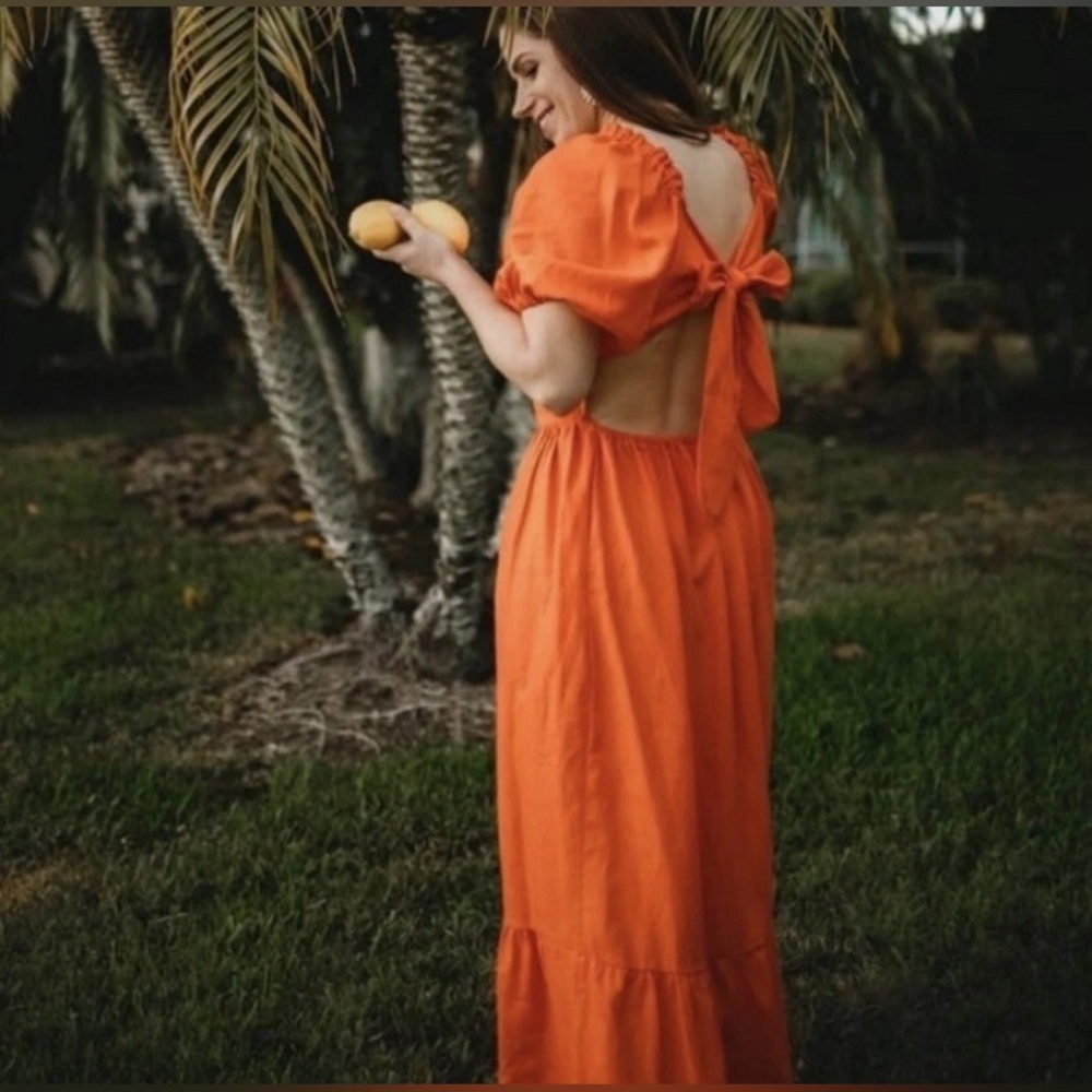 Who What Wear Linen Blend Poplin Tiered Maxi Dress L Orange Boho Tie-Back Pocket